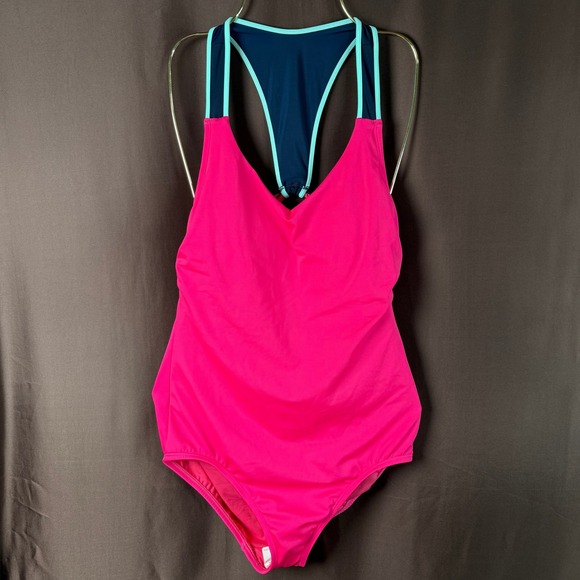 Lands' End Women's 10‎ Hot Pink/Navy V-Neck Racerback One Piece Swimsuit - Picture 1 of 8